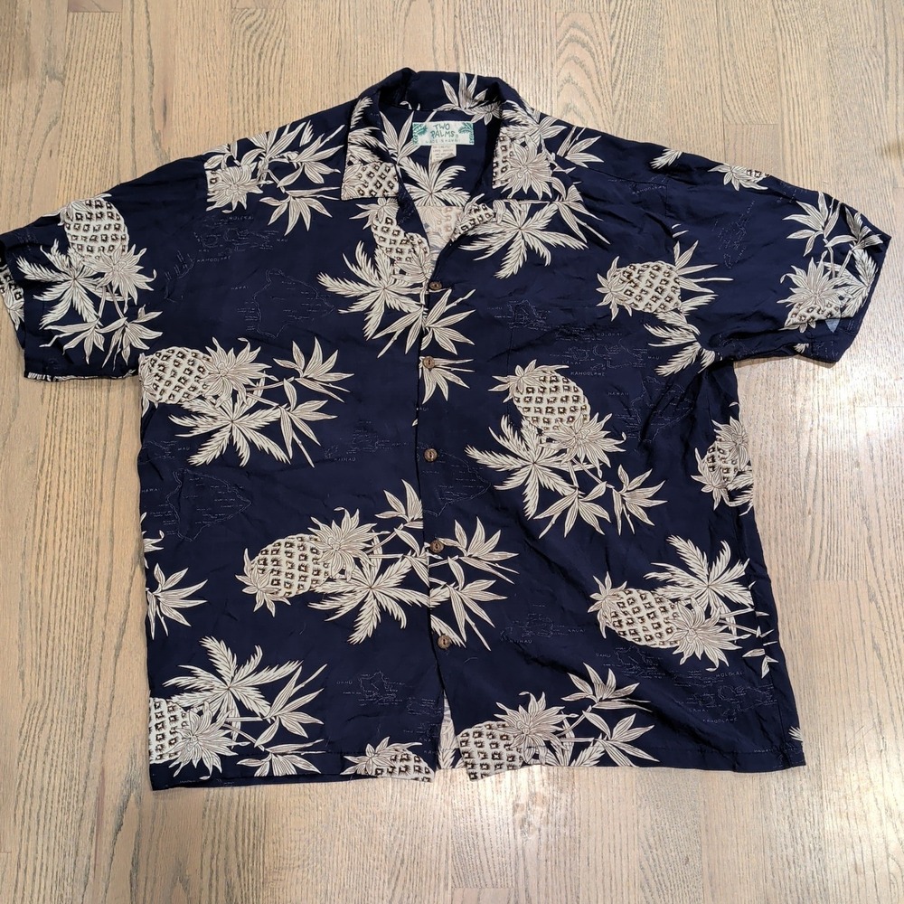 Two Palms Vintage Pineapple Hawaiian Shirt Mens Large Navy Rayon Made in Hawaii